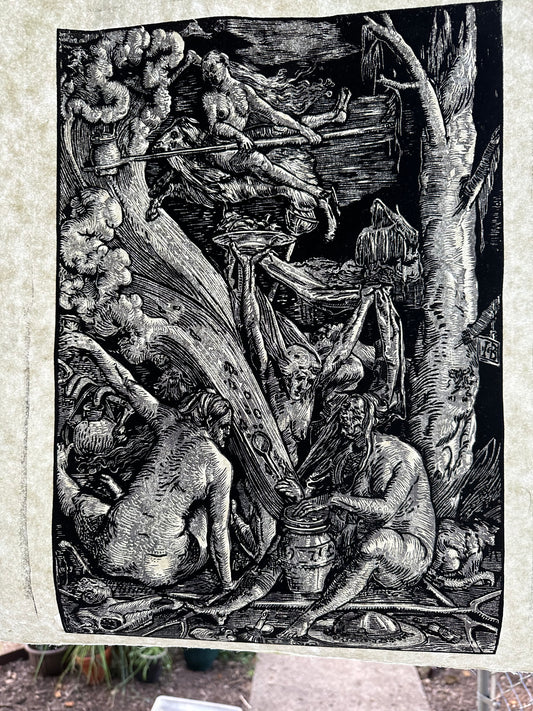 "The Witches" remake, Baldung ~16"x22," Reduction Print (2 color)